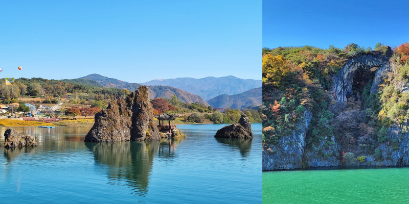 The left photo features the Dodamsambong peaks, while the right captures a rock arch taken from the cruise.