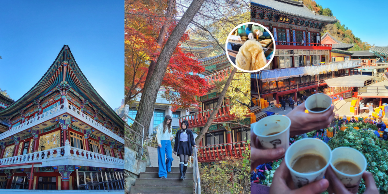 The left photo features a structure of the Guinsa temple, the middle shows me (left) and Gahir Suchismita (right), and the right photo shows the coffee we enjoyed with the large piles of cabbage in the background.The photo in the circle is of the hotteok.