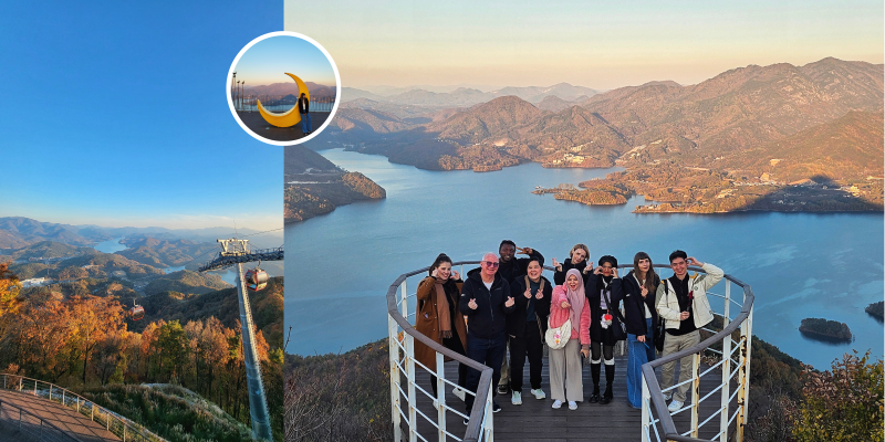 Left photo shows the view from the top of Bibong mountain, while the right features some of the K-influencers, TalkTalk winners, and Honorary Reporters with a view of the lake and mountains.