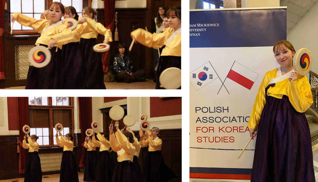 The Tongmuyong Team performing during the literary-event celebrating the Nobel Prize (left); Karolina Michalak posing with the Sogo drum (right)