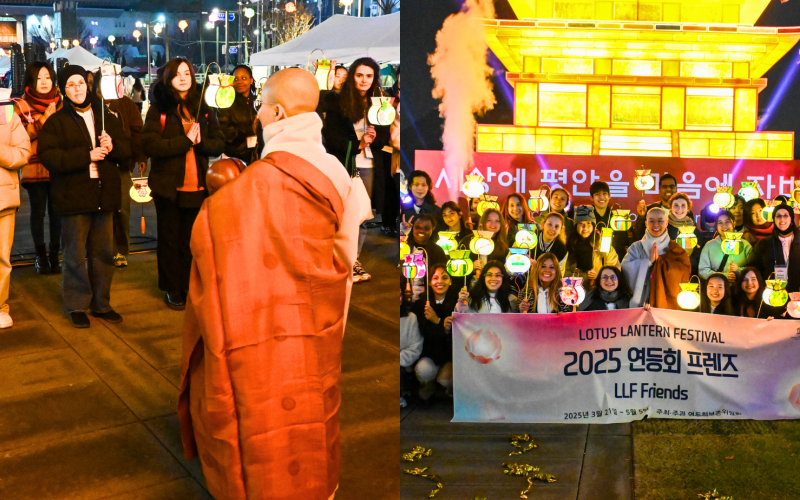 The Lotus Lantern Festival Friends during the festival’s parade with their handmade lanterns (left) and group photo of them (right)