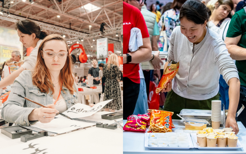 A participant tries Korean traditional calligraphy (left) and tastes Korean snacks (right). (Editura Lietra and CSRK)