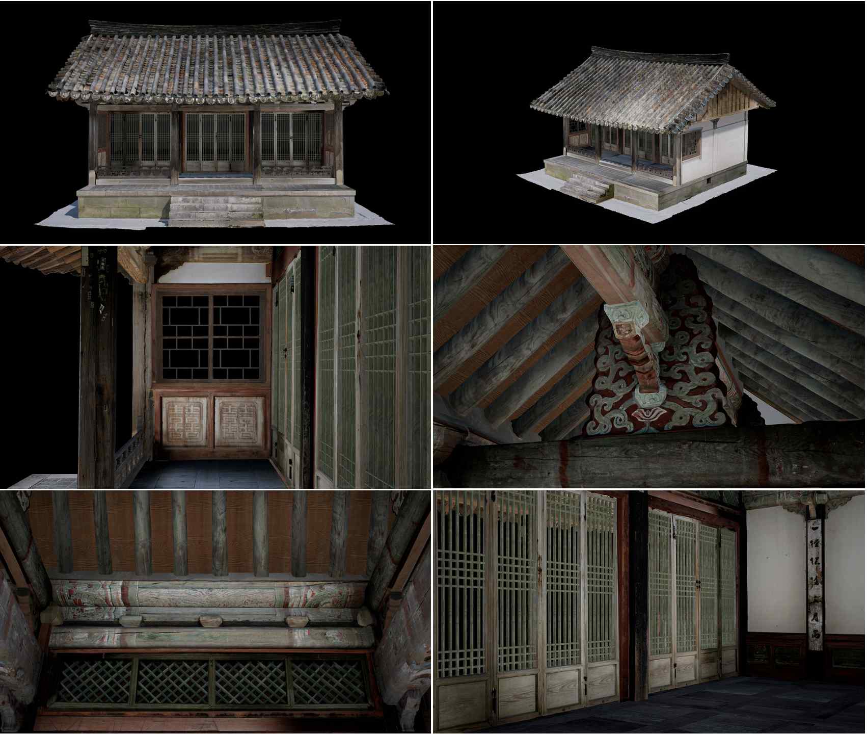 This is a 3D scan of Gwanwoldang, which is believed to be a royal shrine of the Joseon Dynasty (1392-1910) from the 18th to 19th centuries. Though the structure has a relatively simple wooden structure, it sports a colorful and dignified interior design.
