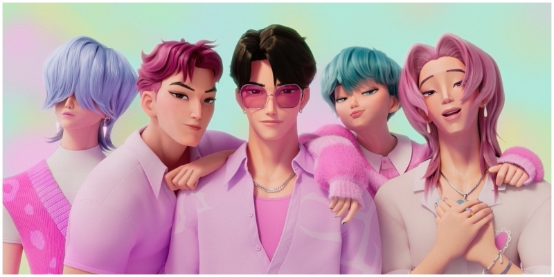 K-Pop boy group Saja Boys members (left to right) Mystery, Abby, Jinu, Baby and Romance performing their hit song “Soda Pop” (Netflix and Sony Pictures Animation)
