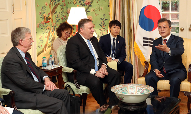 President Moon urges Pompeo, Bolton to prep for NK-US summit